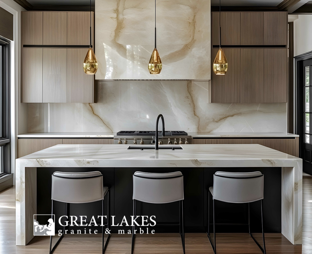 Taj Mahal Quartzite Kitchen Island with stone vent hood