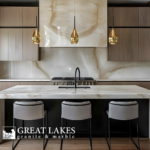 Taj Mahal Quartzite Kitchen Island with stone vent hood