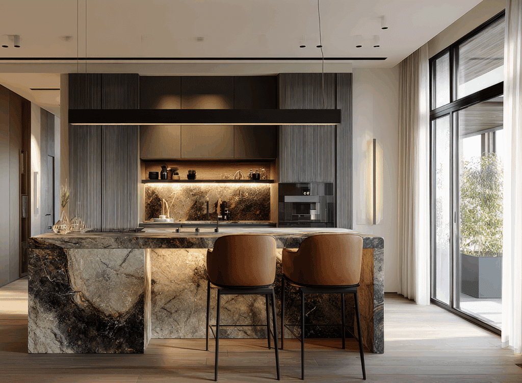 A modern kitchen design featuring dark gray cabinetry, a large marble island, and warm-toned accents, creating a sophisticated and inviting ambiance.
